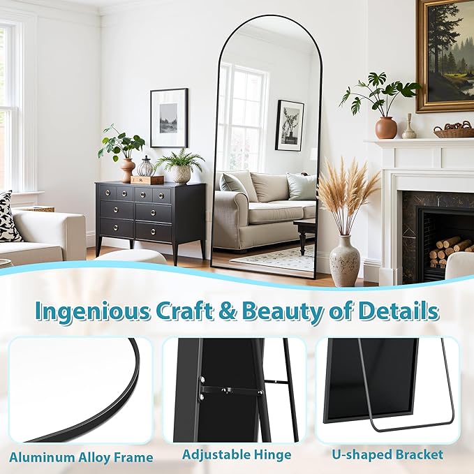 Full Length Mirror, 68"x26" Oversized Floor Mirror Freestanding, Full Body Mirror Floor Standing Mirrors with Stand, Hanging Mounted Mirrors for Bedroom Living Room, Black, Arched Style-DeskLoop Office