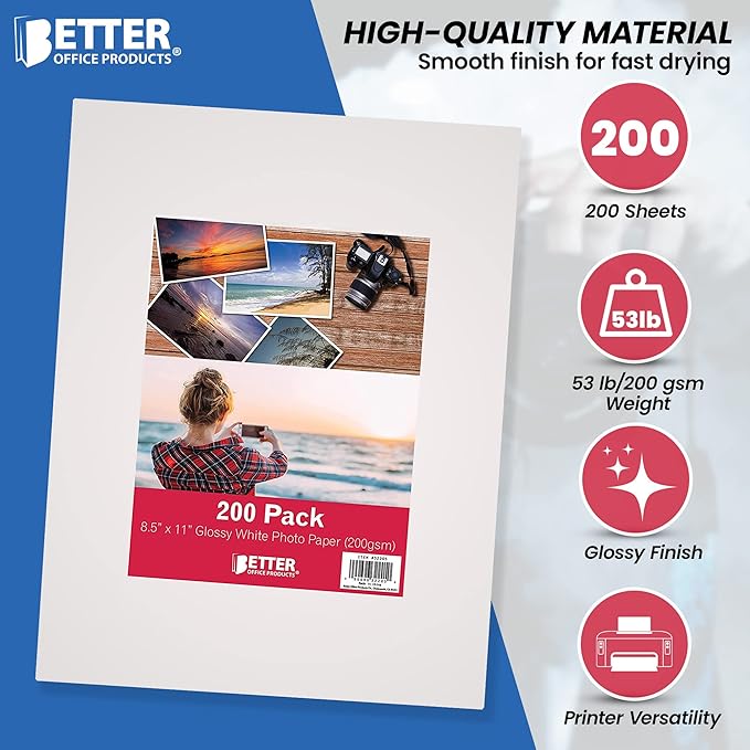 Glossy Photo Paper, 8.5 x 11 Inch, 200 Sheets, by Better Office Products, 200 gsm, Letter Size, 200-Count Pack-DeskLoop Office