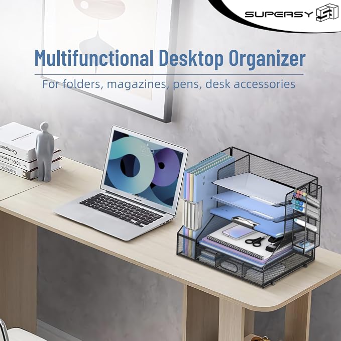 SUPEASY Desk Organizer with File Holder, 5-Tier Mesh Paper Letter Tray and 3 - Image 4