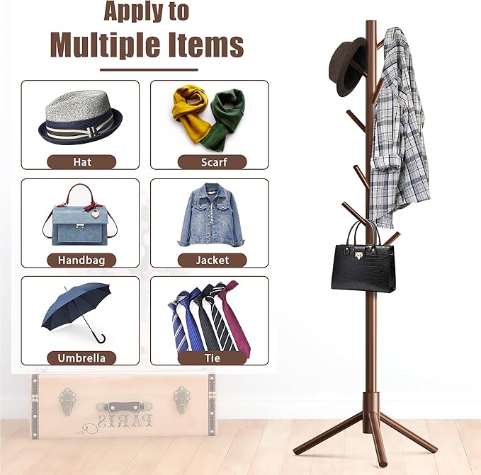 Haddockway Wooden Coat Rack Stand with 8 Hooks New Zealand Pine 3 Adjustable Coat Standing Tree Easy Assembly for Coats, Hats, Scarves and Handbags for Entryway, Hallway, Bedroom, Office,2 PCS-DeskLoop Office