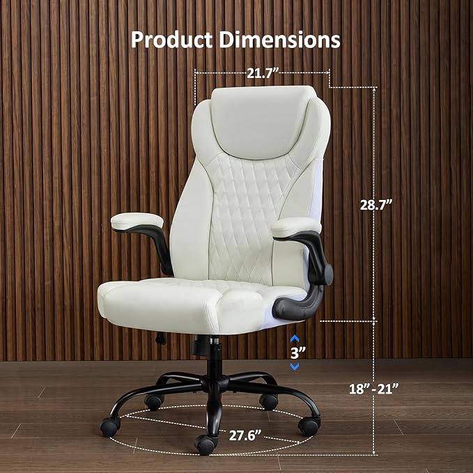 Office Chair, Executive Leather Chair Home Office Desk Chairs, Ergonomic Computer Desk Chair with Adjustable Flip-Up Arms, Lumbar Support Swivel Task Chair with Rocking Function (White)-DeskLoop Office