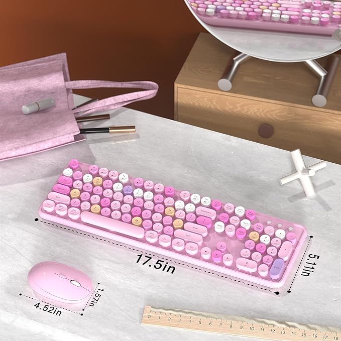 Colorful Wireless Computer Keyboard and Mouse Combo with Round Typewriter Keycaps, Retro Design, Power Switch, Ergonomic Design, 2.4GHz Wireless for Windows, Mac, PC(Pink-Colorful)-DeskLoop Office