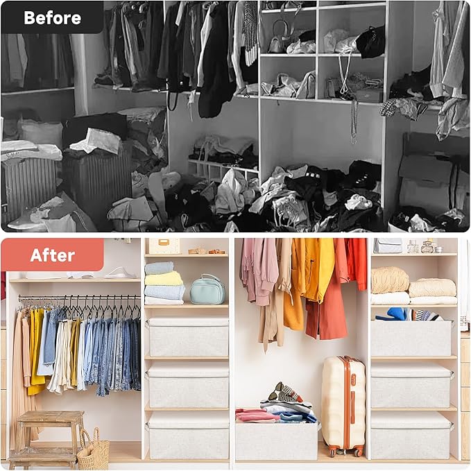Large 17''x12'' Quart Collapsible Stackable Storage Bins with Lids, 2 Packs Off White Fabric Closet Boxes with Lids, Storage Cube Baskets Container Organizers for Bedroom Office(17''x12.2x''8'')-DeskLoop Office