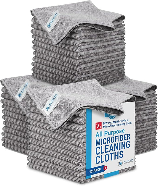 12" x 12" MW Pro Multi-Surface Microfiber Cleaning Cloths | Gray - 48 Pack | Premium Microfiber Towels for Cleaning Glass, Kitchens, Bathrooms, Automotive, Supplies & Products-DeskLoop Office