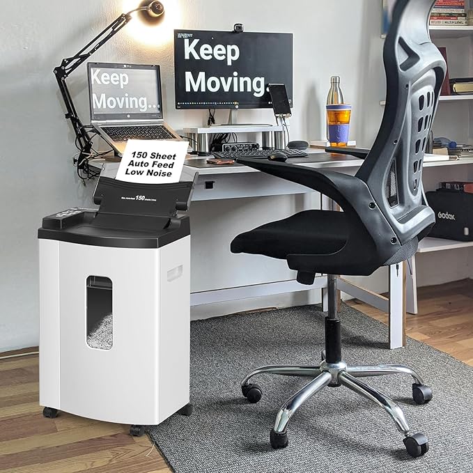150 Sheet Auto-Feed Paper Shredder, Micro Cut P-5 Super High Security (5/64 x 19/32 inches), Large 6-Gallon Bin, 20 Mins Continuous Run, 55dB Ultra-Quiet for Home Office Use, White-DeskLoop Office