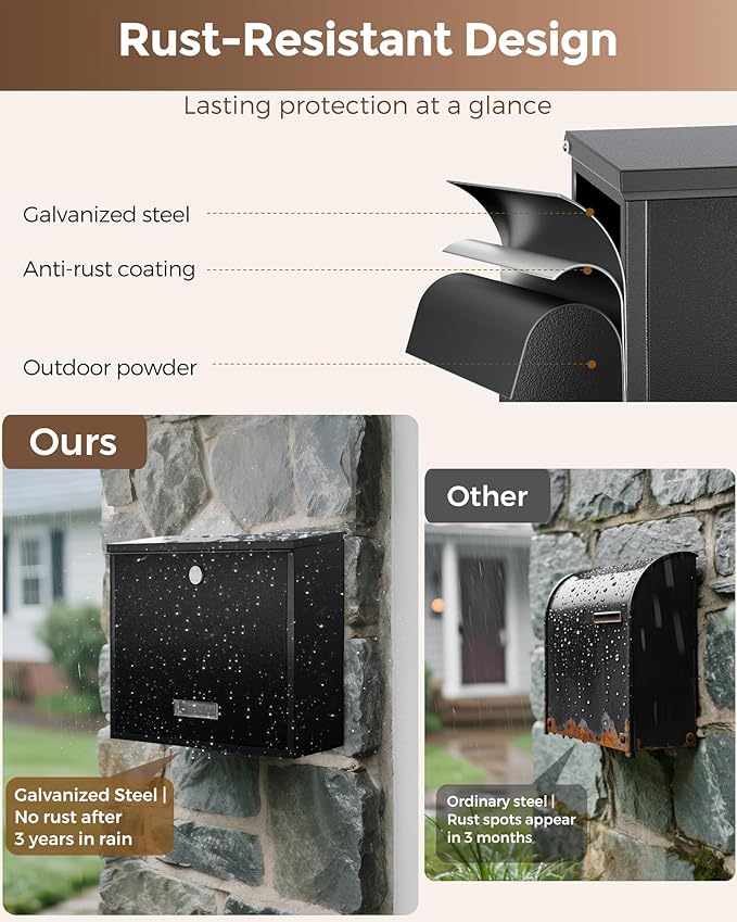 LAND·VOI Locking Wall-Mount Mailbox for Outside, with 4 Keys, Galvanized Steel Rustproof Metal Postbox, 4" Dx13.8 Wx11.2 H, Includes 3 Sets of Mailbox Numbers, Nameplate, Black, AMB33B-DeskLoop Office