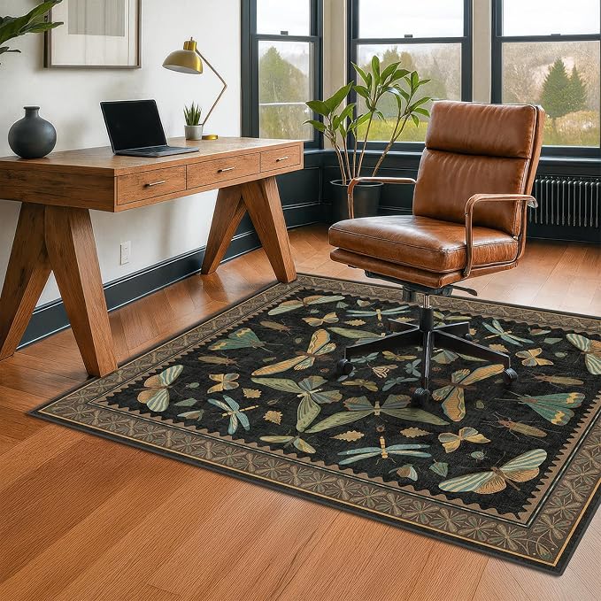 4'x5' Black Office Chair Mat for Hardwood Floors, Insect Boho Design, Non-Slip - Image 3