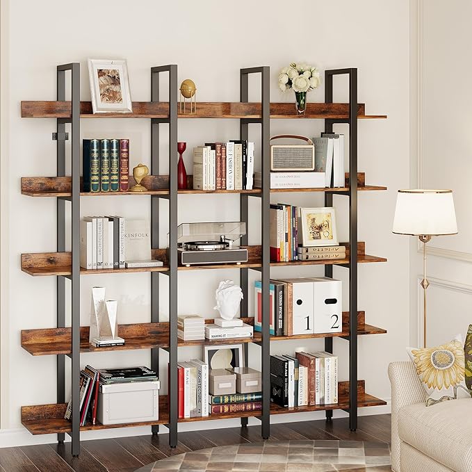 IRONCK Bookcase and Bookshelves Triple Wide 5 Tiers Large Open Shelves, Etagere Bookcases with Back Fence for Home Office Decor, Easy Assembly, Vintage Brown-DeskLoop Office