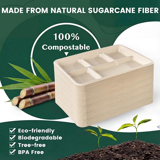 Tinybee 100% Compostable 5 Compartment Paper Plates 12.5 * 8.6 Inch Heavy Duty - Image 4
