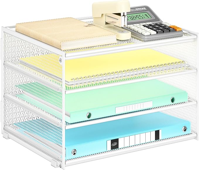 Lavatino 3-Tier Letter Tray Desk Paper Organizer – White Mesh Metal File Tray by Lavatino