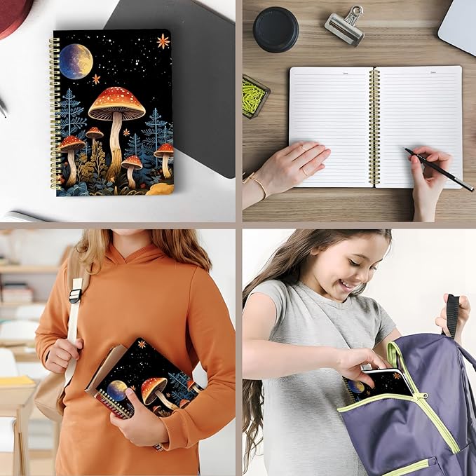 Cute Spiral Notebook journal B5 Aesthetic Pretty Design for Women Girls Kawaii with Pocket, 10 x 7.2 inch, Lined, Moon Mushroom-DeskLoop Office