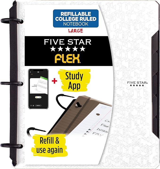 Five Star Flex Refillable Notebook + Study App, College Ruled Paper and 1 Inch TechLock Ring Binder with Pockets, Tabs and Dividers, 200 Sheet Capacity, White (29328AE2)-DeskLoop Office