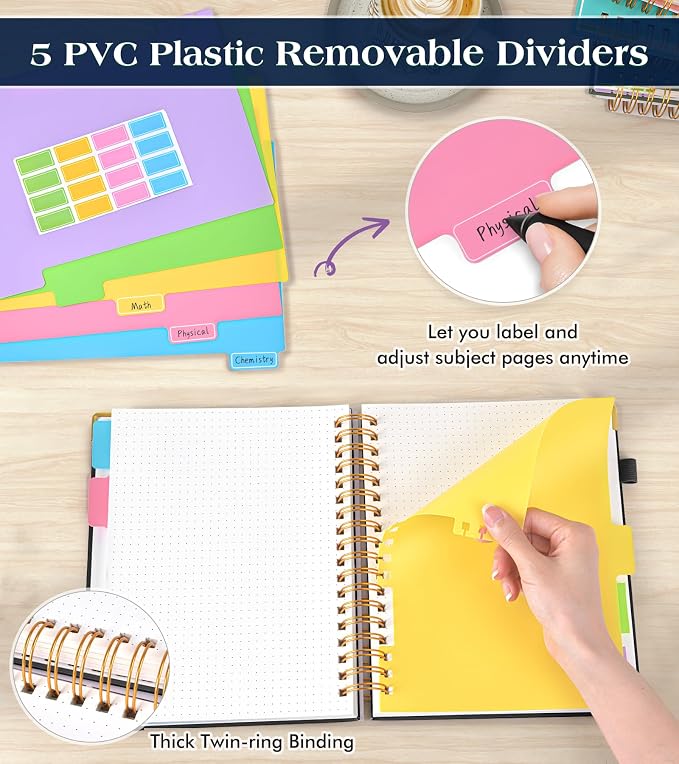5 Subject Dotted Notebook with Removable Dividers Tabs, 300 Pages Hardcover - Image 3