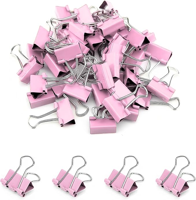 50 Pack Small Pink Binder Clips 3/4 Inch, Colored Little Paper Clamps, Tiny by Qikaara