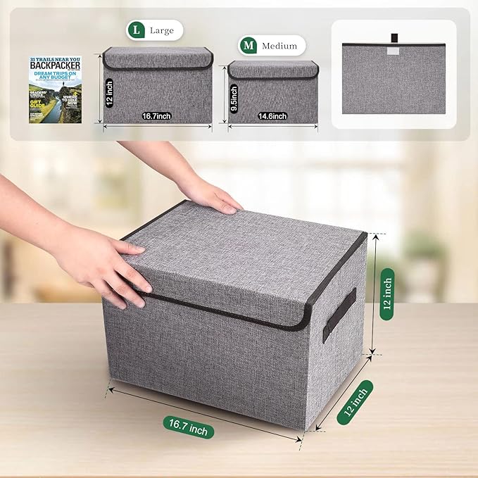 Large 42 Quarts Fabric Storage Bins with Lids [2-Pack] Linen Collapsible Foldable Storage Cubes, Closet Organizer Containers boxes with Handles for Home Office (16.7 x 12 x 12, Gray)-DeskLoop Office