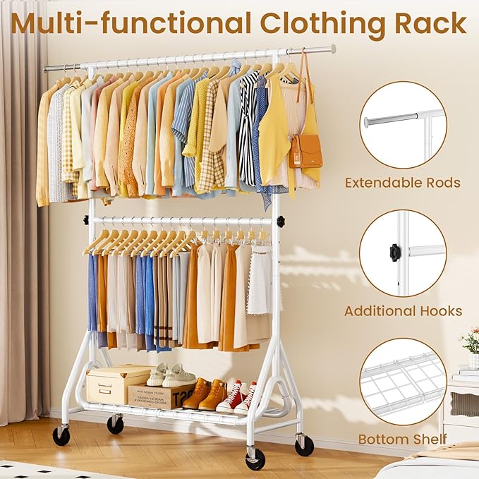 Double Rods Clothing Rack, Heavy Duty Clothes Rack for Hanging Clothes Load 560LBS, Metal Rolling Garment Racks with Wheels, Freestanding Clothes Hanging Racks, White-DeskLoop Office