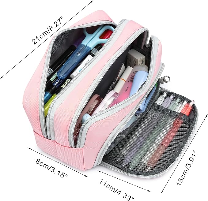 XQXA Pencil Pouch Cute Large Pencil Case Organizer, Multifunctional Big Capacity Pencil Pouch with 3 Compartmens, aesthetic school supplies Pencil Bag for Office Travel Men Women (01-Cherry Pink)-DeskLoop Office