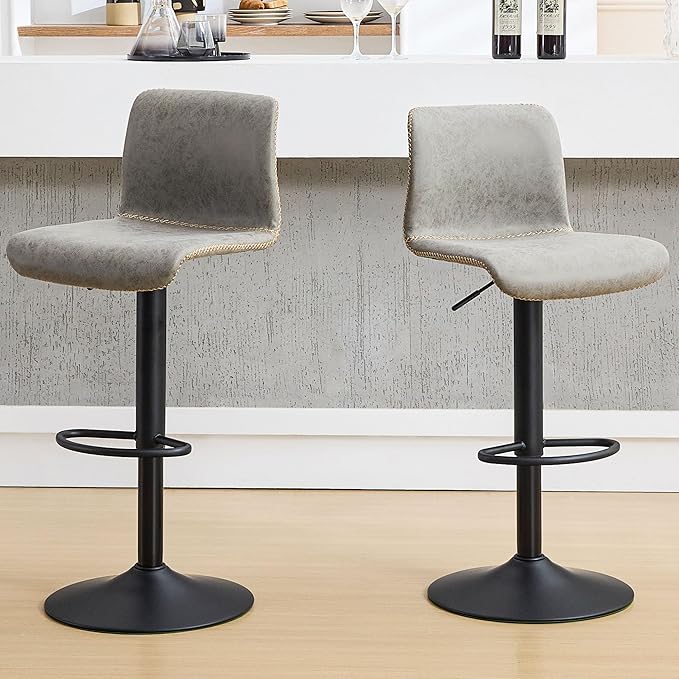 HeuGah Swivel Bar Stools Set of 2, Adjustable Counter Height Barstools with Back, Gray Faux Leather Bar Chairs for Kitchen Island (Gray, Set of 2 (24'' to 32''))-DeskLoop Office