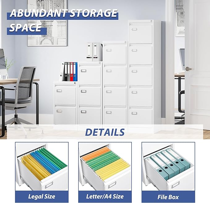 5 Drawer File Cabinet, Filing Cabinets for Home Office, Vertical File Cabinet with Lock, 61.6" H Locking File Cabinet for A4 Legal/Letter, Assembly Required (White)-DeskLoop Office