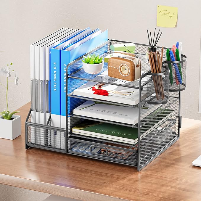 Marbrasse 5-Tier Paper Letter Tray Organizer with Drawer and Pen Holder, Mesh Desktop Organizer and Storage with Magazine Holder for Office Supplies (Grey)-DeskLoop Office