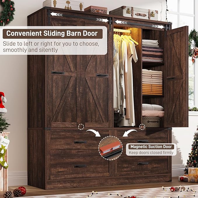 Farmhouse 4 Doors Armoire Wardrobe Closet w/Folding Sliding Barn Door and Lights, LED Armoire Closet w/Drawers for Bedroom, Freestanding Wooden Wardrobe Storage Closets w/Hanging Rod,Rustic Brown-DeskLoop Office