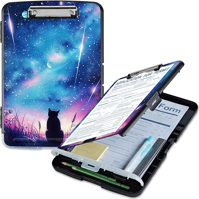 Clipboard with Storage, High Capacity Galaxy Sky with Cat Storage Clipboard by Qindaiwen