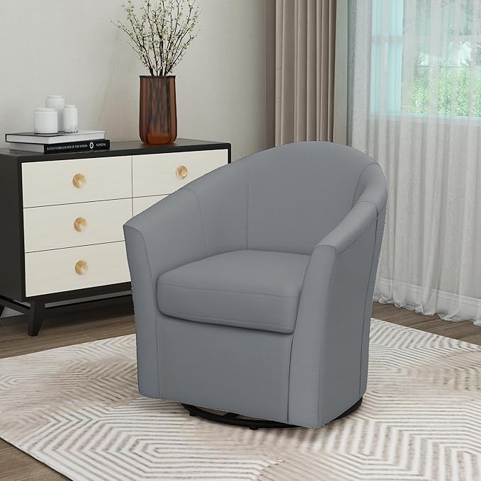 UIXE 360° Swivel Barrel Accent Chair, Modern Round Arm Chair Upholstered Club Armchair, Single Sofa Seating in Fabric for Living Room, Bedroom (Pebble Grey)-DeskLoop Office