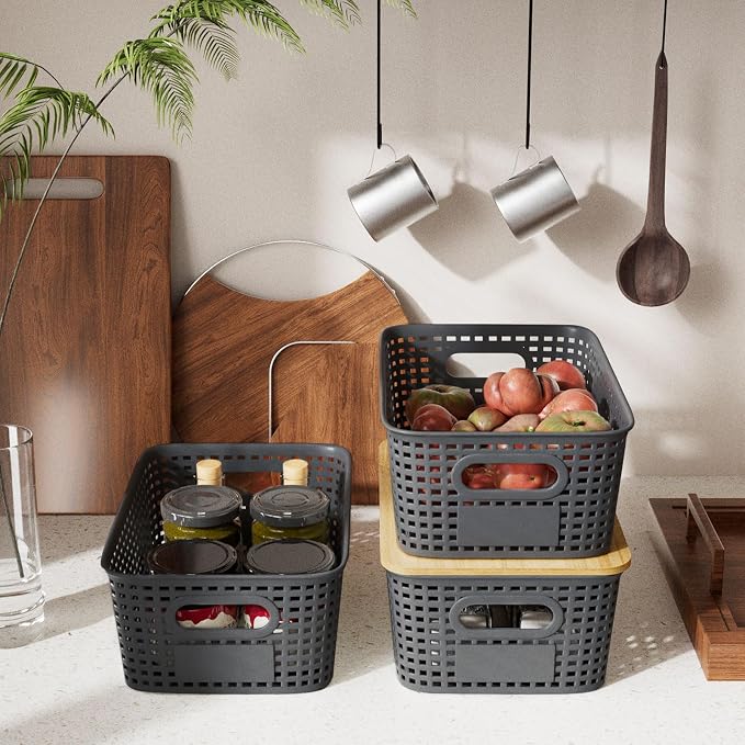 6Pcs Storage Bins with Lids, Stackable Plastic Storage Basket with Bamboo Lid - Image 6