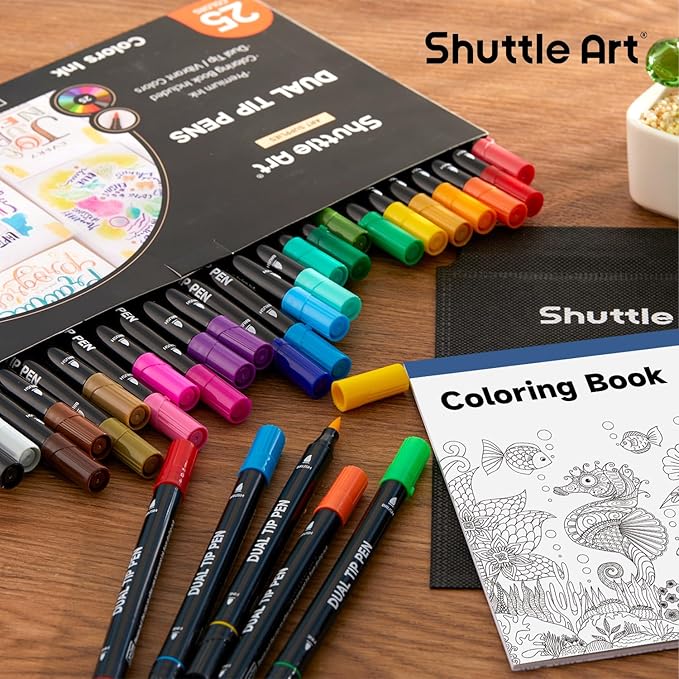 Shuttle Art Dual Tip Brush Marker Pens, 25 Colors Water-based Ink, Fine and Brush Tip Marker Set with 1 Coloring Book for Kids Adult Artist Calligraphy Hand Lettering Journal Doodling Writing-DeskLoop Office