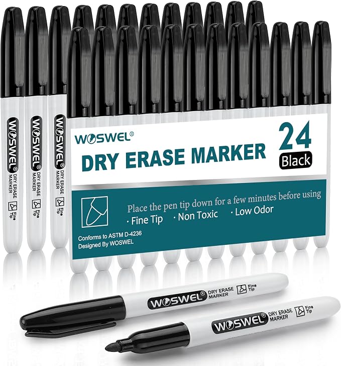 WOSWEL Dry Erase Markers, 24 Pack Black Fine Tip Whiteboard Markers, Round by WonderfulOptions