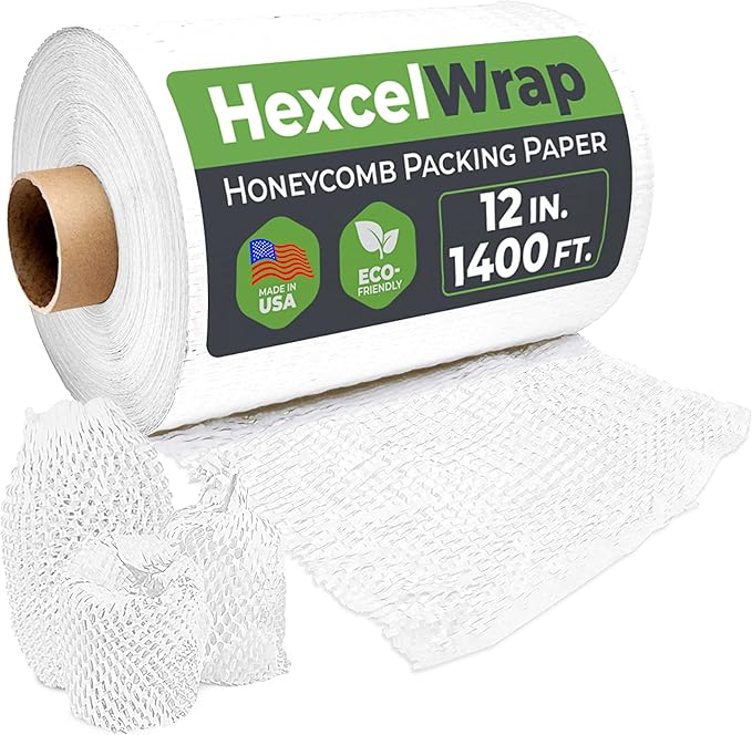 HexcelWrap Honeycomb Packing Paper - Eco-Friendly, Sustainable Paper Bubble Wrap for Shipping and Moving, Cushioned Packing Material. No Tape Needed - White, 12" x 1400'