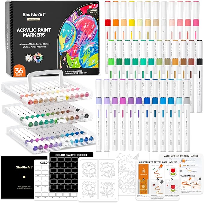 Shuttle Art Automatic Ink Control Acrylic Paint Markers, 36 Colors Brush Tip Acrylic Paint Pens for Rock Painting, Ceramic, Wood, Canvas, Glass, Stone, Fabric, Card Making, DIY & Art Supplies-DeskLoop Office