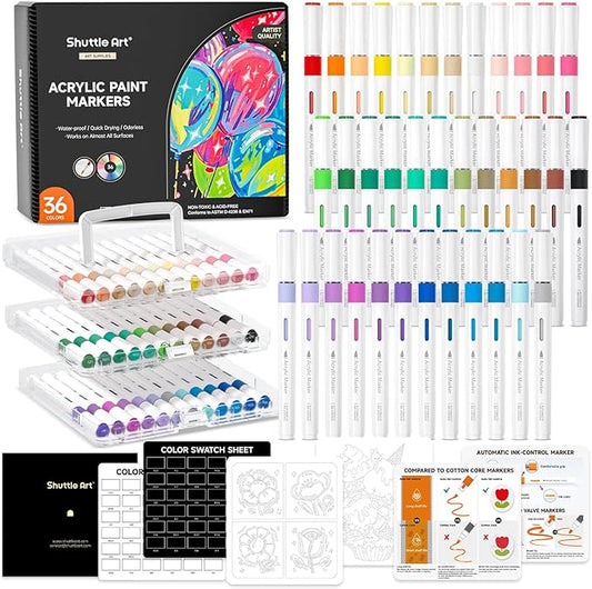 Shuttle Art Automatic Ink Control Acrylic Paint Markers, 36 Colors Brush Tip Acrylic Paint Pens for Rock Painting, Ceramic, Wood, Canvas, Glass, Stone, Fabric, Card Making, DIY & Art Supplies-DeskLoop Office