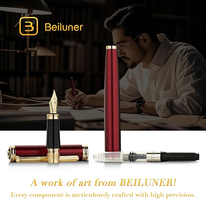 BEILUNER Red Fountain Pen,Stunning Luxury,24K Gilded Nib(Medium),Gorgeous 24K Gold Finish, Ink Converter,Trustworthy Pen Gift for Men&Women-Elegant,Fancy,Executive,Calligraphy, Nice Pens for Writing-DeskLoop Office
