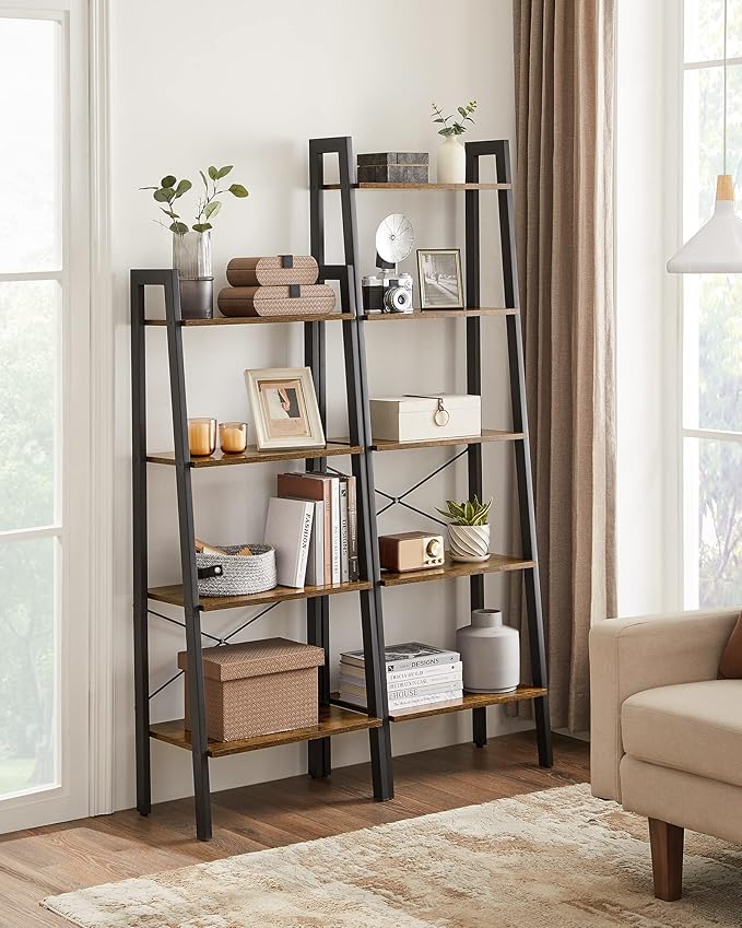 VASAGLE Ladder Shelf, 4-Tier Bookshelf, Storage Rack, Bookcase with Steel Frame, for Living Room, Home Office, Kitchen, Bedroom, Industrial Style, Rustic Brown and Ink Black ULLS44X-DeskLoop Office