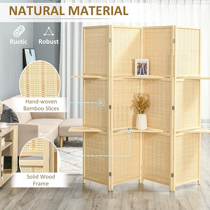 NicBex Room Divider 4 Panel Room Dividers with Storage Shelves Partition Room Dividers and Folding Privacy Screens 6 FT Wall Divider for Office, Room Separation,70.75" W x 0.75" D x 70.75" H, Natural-DeskLoop Office