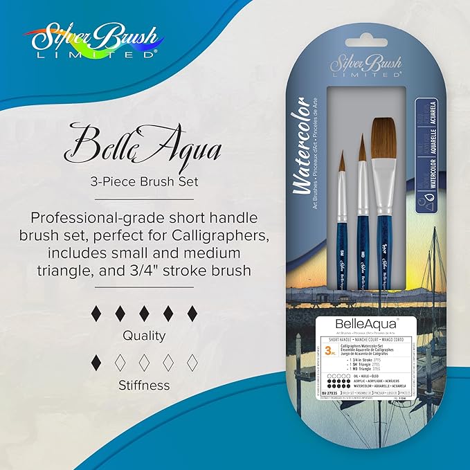Silver Brush Limited BA-2703S BelleAqua Calligraphers Watercolor Brush Set, 3pc Professional Soft Synthetic Red Sable Short Handle Paint Brush Set, Small & Medium Triangle and 3/4 Inch Stroke Brushes-DeskLoop Office