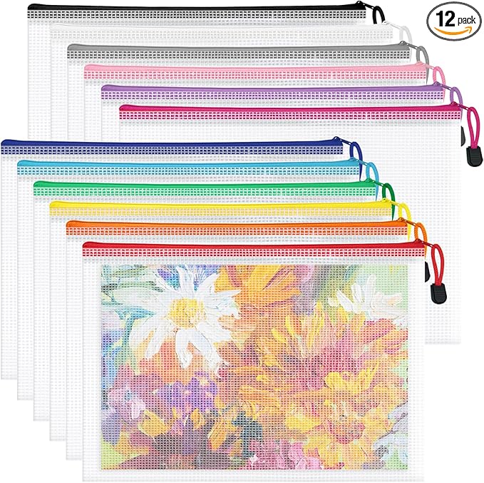 12pcs Mesh Zipper Pouch Bags, Waterproof A4 Letter Size Puzzle Bag for Organizing, Storage, Board Games and Office Supplies, 12 Colors-DeskLoop Office