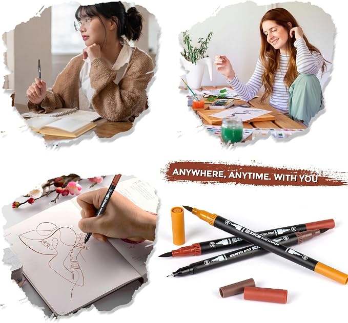 ZSCM Brown Duo Tip Marker Pens, 12 Pack Fine & Brush Markers - Image 7