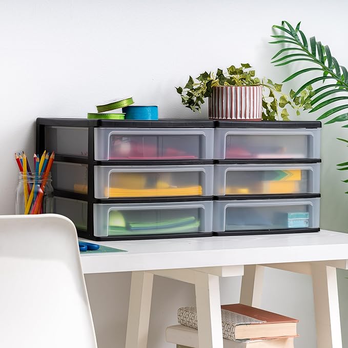 IRIS USA Plastic Stacking Desk Top 3-Drawer Storage Organizer, 2-Pack, for Makeup Vanity Nail Polish Bathroom Stationery Art Craft Supplies Kitchen Office Garage and Small Organization, Medium, Black-DeskLoop Office