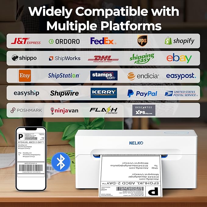 Nelko Bluetooth Thermal Shipping Label Printer, Wireless 4x6 Shipping Label Printer for Small Business, Support Android, iPhone and Windows, Widely Used for Amazon, Ebay, Shopify, Etsy(White)-DeskLoop Office
