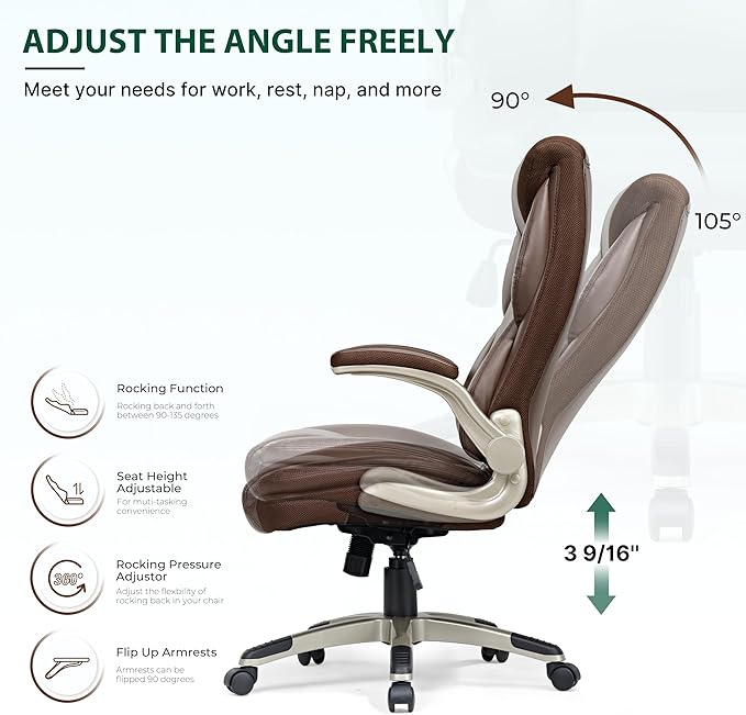EUREKA ERGONOMIC Executive Office Chair Flip Up Arm Rest, Ergonomic Desk Chair Faux Leather Computer Chair, High Back Office Chair with Headrest, Home Office Desk Chairs with Wheels, Brown-DeskLoop Office