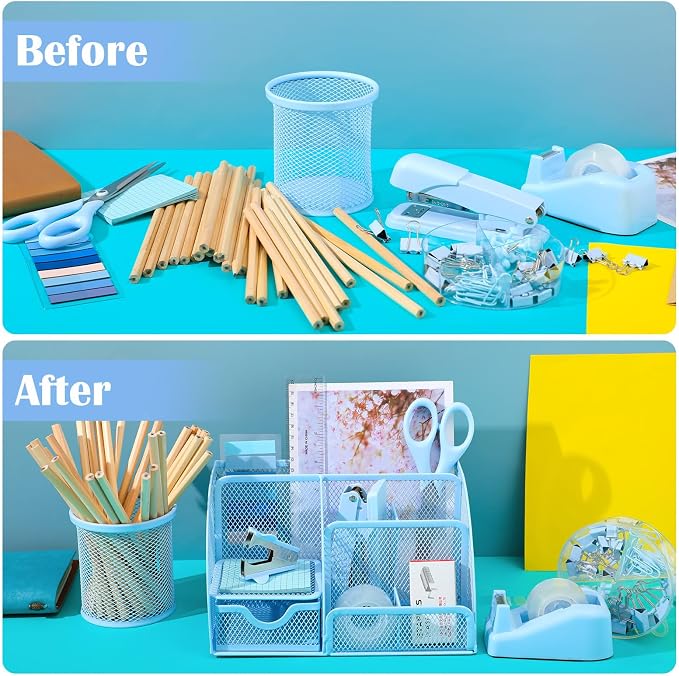 11 In 1 Blue Desk Organizer And Accessories, Light Blue Office Supplies Include - Image 5