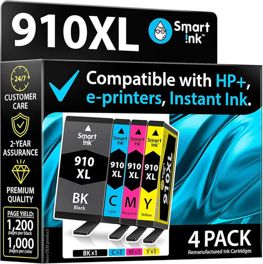 Smart Ink Remanufactured Ink Cartridges Replacement for HP 910XL 910 XL Black and Color Combo Pack to use with OfficeJet Pro 8025e 8025 8028e 8028 8035e 8035 OfficeJet 8015e 8022e 8015 8022 Printers-DeskLoop Office