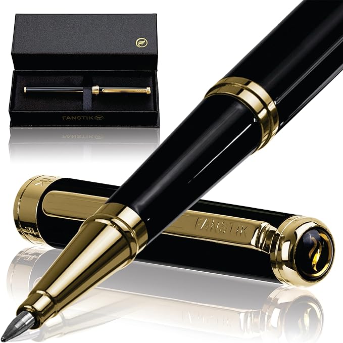 Customized Black & Gold Luxury Rollerball pen (Made In USA) fancy gift set for women, Real 24K Gold Plating, Professional executive pen gift set for men (Lux Custom-Rollerball Black-Gold)-DeskLoop Office