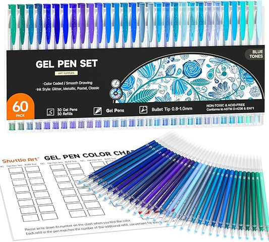 Shuttle Art 60 Pack Blue Tone Gel Pens, 30 Blue Tone Gel Pens with 30 Refills for Adults Coloring Books Journaling Drawing Nature, Landscapes, Animals Scenes-DeskLoop Office