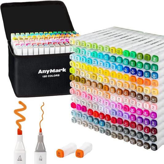 AnyMark Alcohol Markers, 168 Colors Dual Tip Art Coloring Markers Set by AnyMark