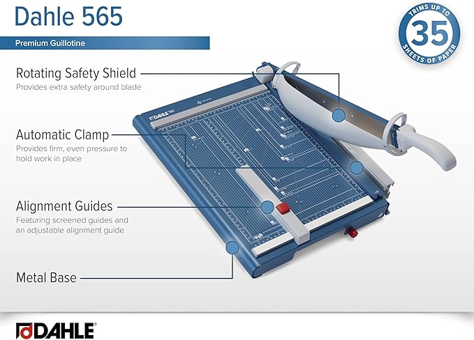 Dahle 565 Premium Guillotine Trimmer, 15" Cut Length, 35 Sheet Capacity, Self-Sharpening Blade, Automatic Clamp, w/Safety Guard-DeskLoop Office