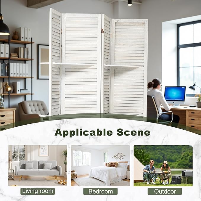 NicBex 4 Panel Room Divider,5.6FT Wood Carved Room Dividers with Display Shelves Folding Privacy Screens Portable Freestanding Partition Wall Dividers for Room Separation,Home Bedroom Office,White-DeskLoop Office