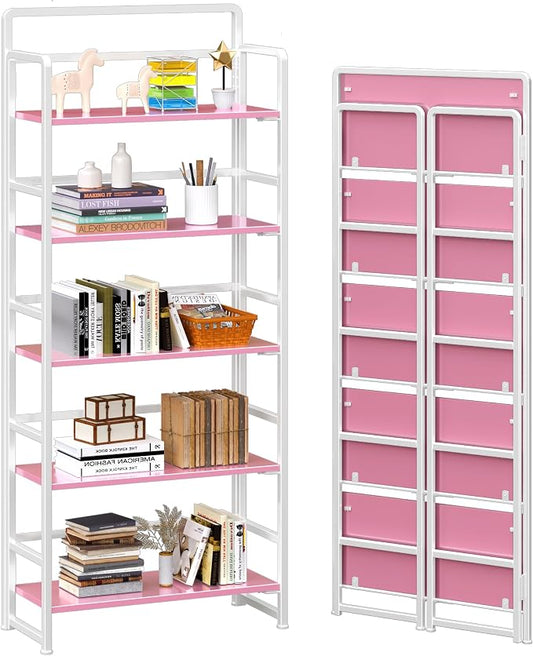 4NM No Assembly 5 Tiers Folding Bookshelf Storage Shelves Vintage Bookcase by 4NM